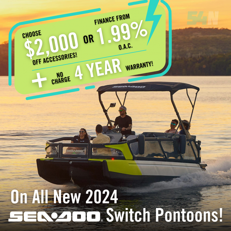 No Charge 4 Year Warranty PLUS Choose $2,000 off accessories or Finance from 1.99% on 2024 Sea-Doo Switch models